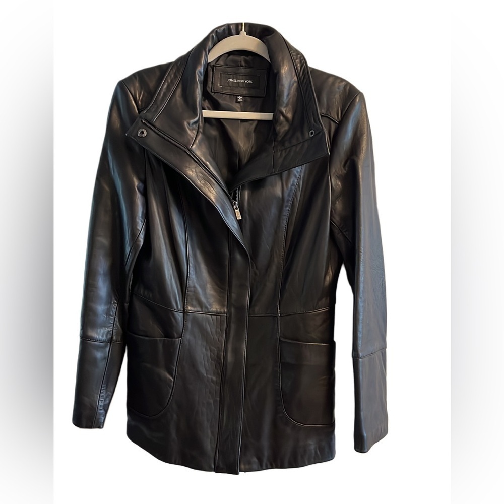 Women’s Jones New York Black Leather Zip-Front Jacket Size Large